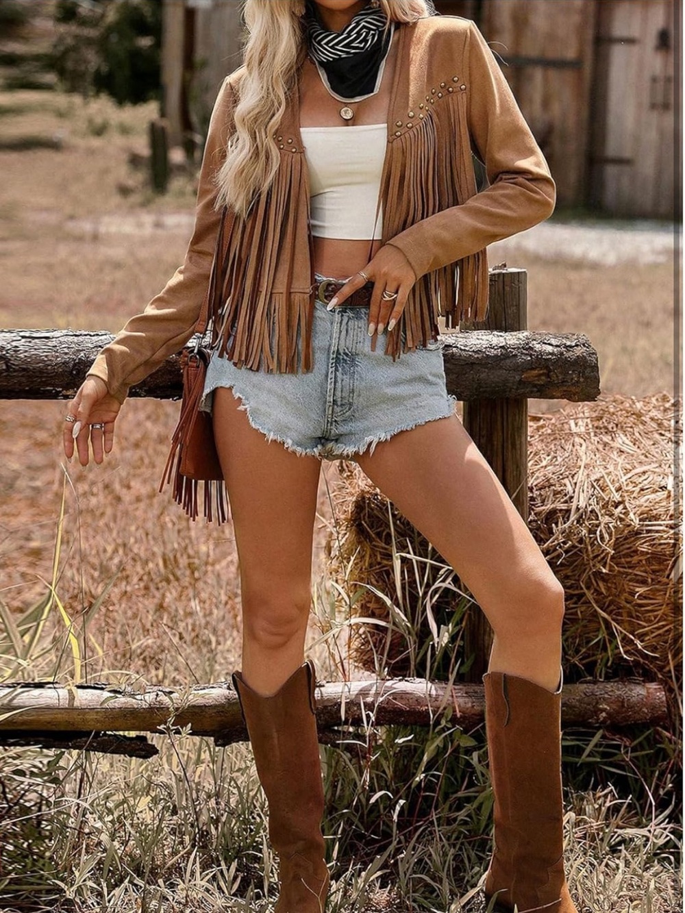 Fringe Faux Suede Western Jacket - Camel Brown